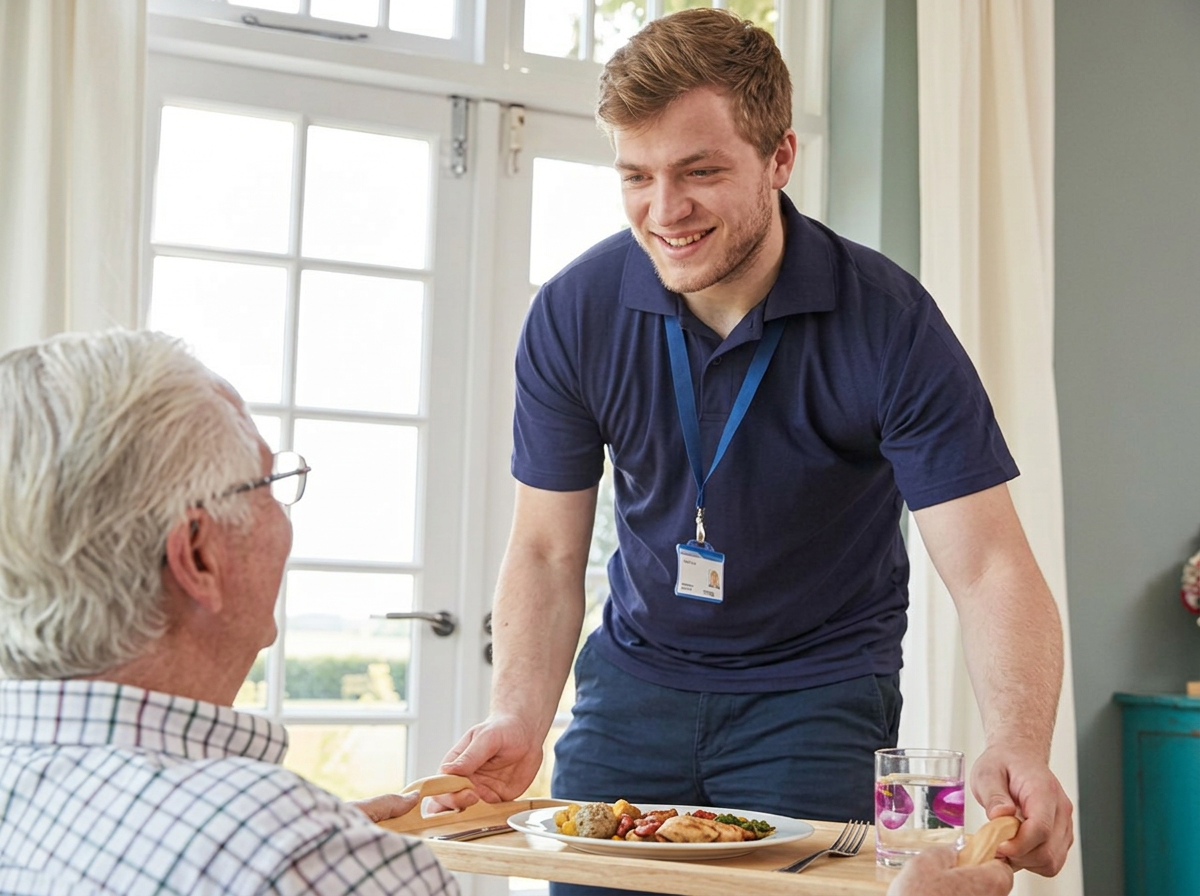 A volunteer serves a warm meal to a guest at the table